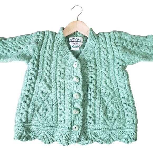 Vintage 70s Aran Crafts Green Cable Knit Cardigan Sweater XS Merino Wool Preppy - Picture 2 of 5